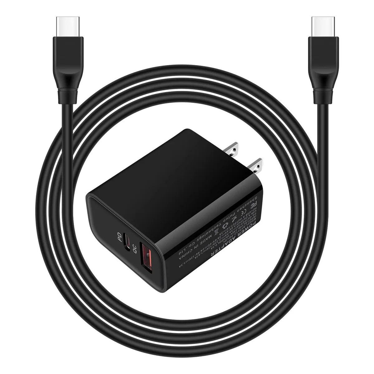 White USB-C wall charger with USB-A and USB-C ports plus matching six-foot USB-C to USB-C cable