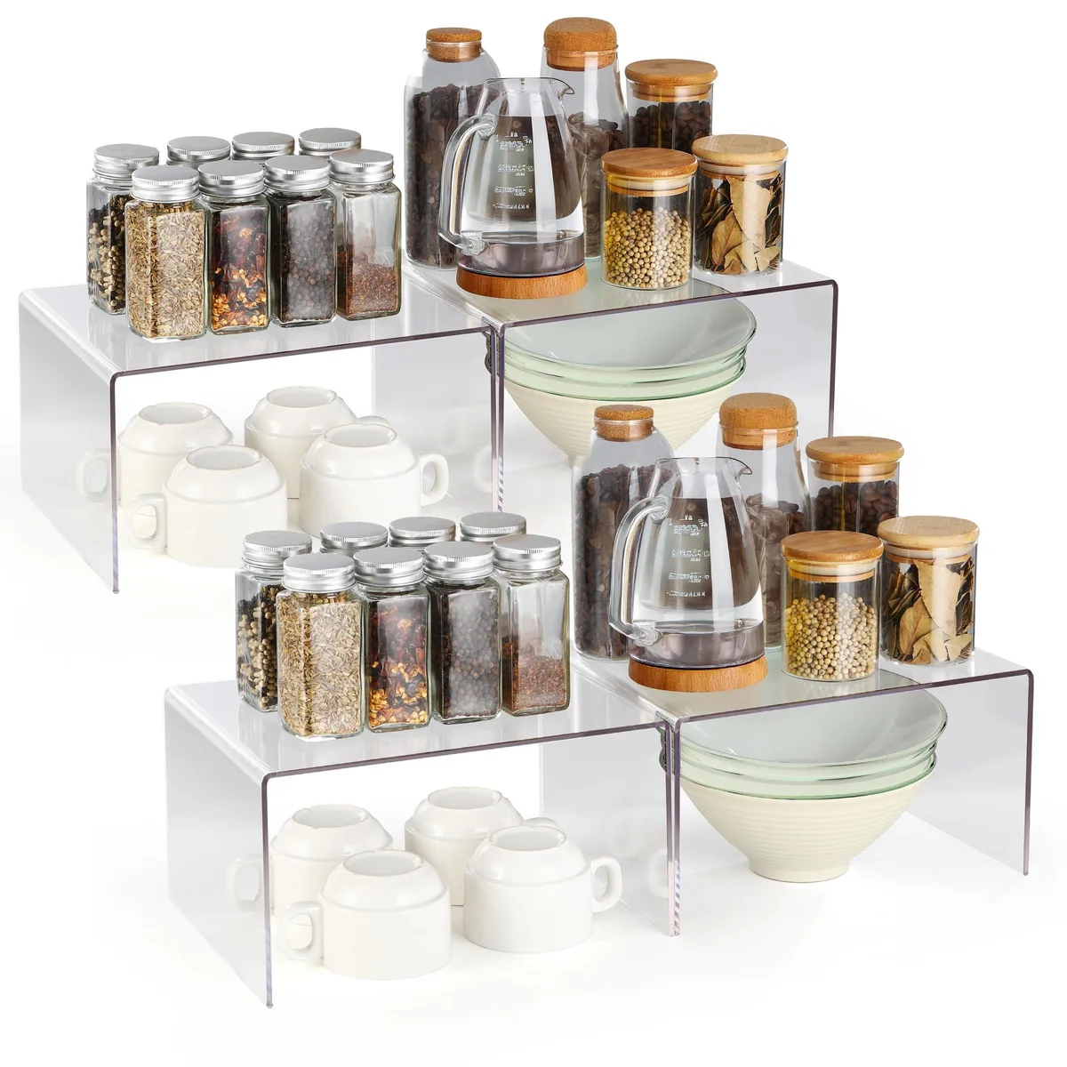 Four red two-tier acrylic cabinet organisers, round shape, clear plastic finish