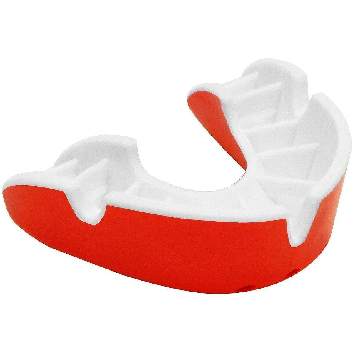Red adult mouthguard with open front palate, fitting handle, spacers, strap and case