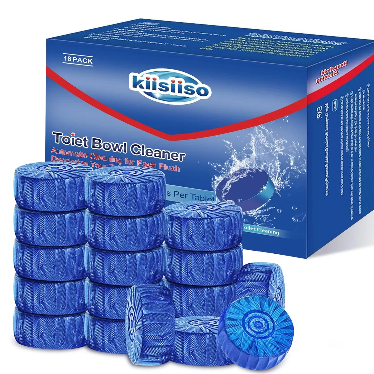 Box of 18 blue toilet cleaning tablets in rectangular packaging
