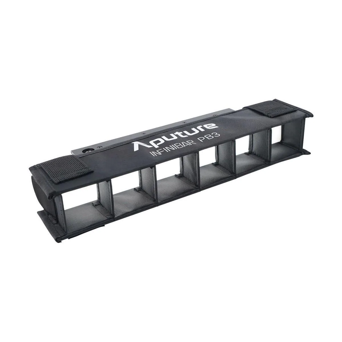 Black fabric grid folded in a rectangular shape with hook-and-loop straps visible