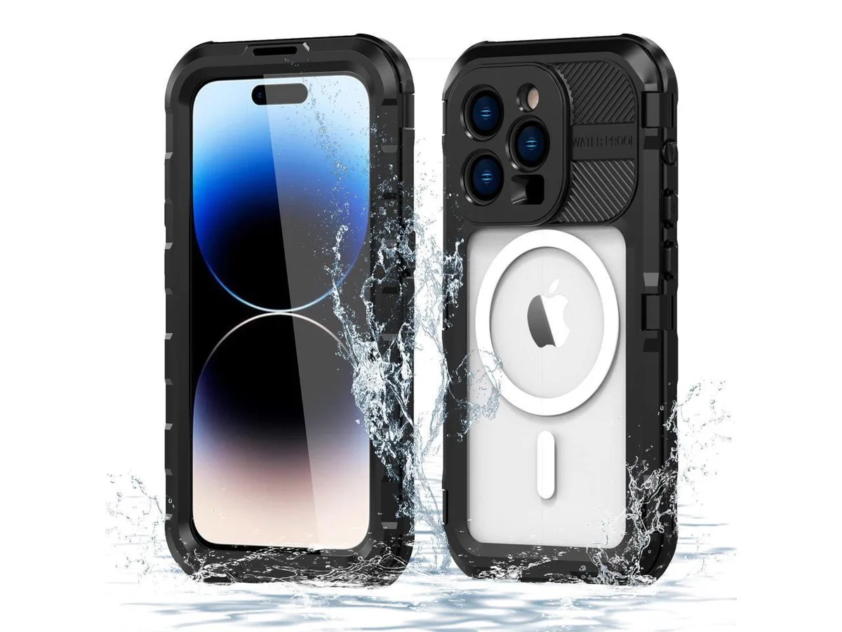 Black waterproof case for iPhone 14 Pro Max with built-in screen protector
