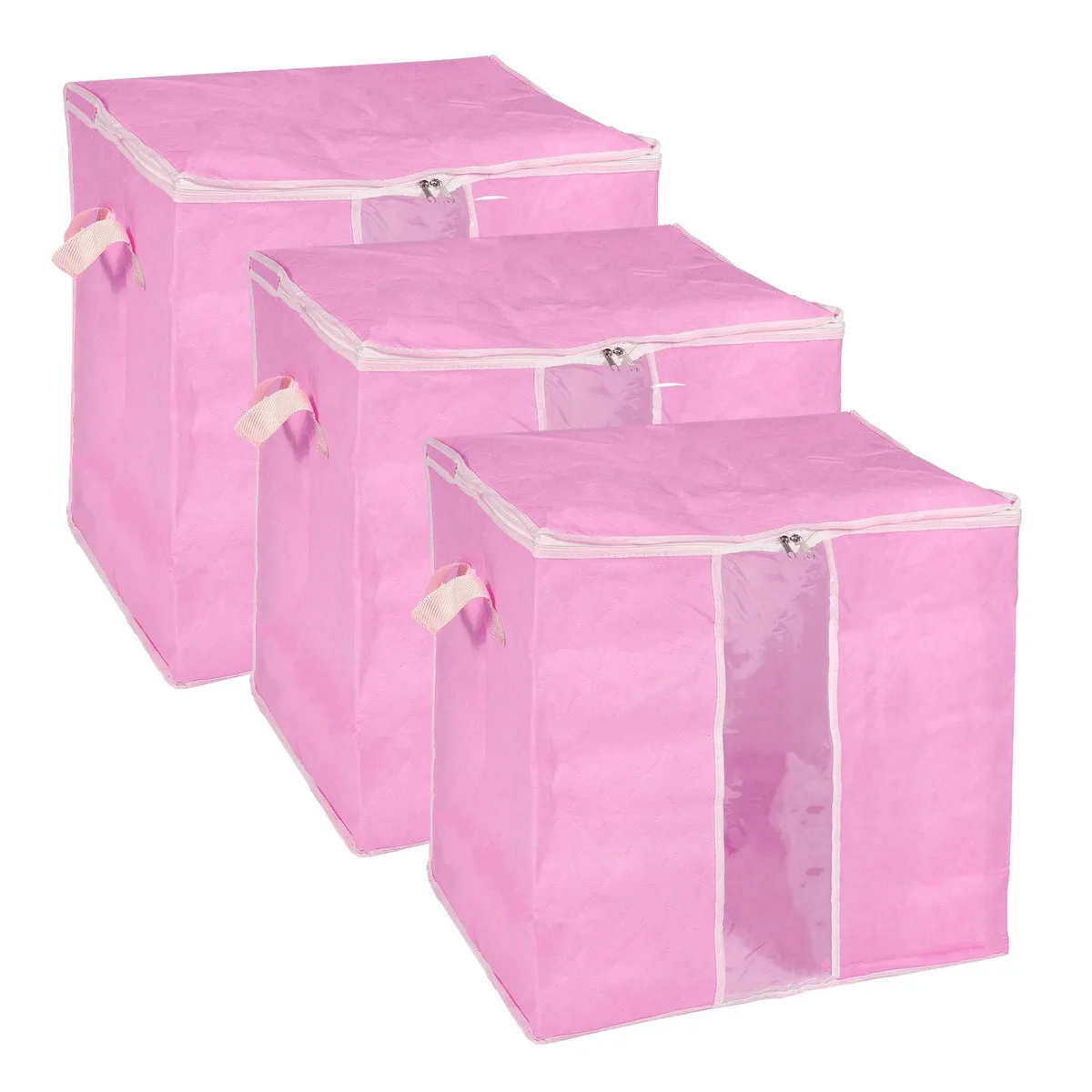 Three pink fabric storage bags with clear front windows and reinforced handles, folded flat