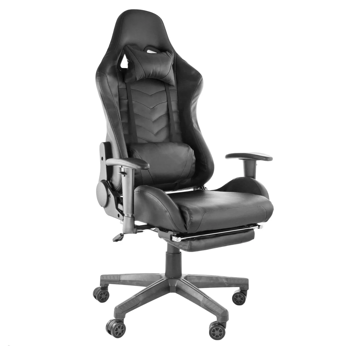 Black pleather gaming chair with headrest pillow lumbar pillow and fold-out footrest