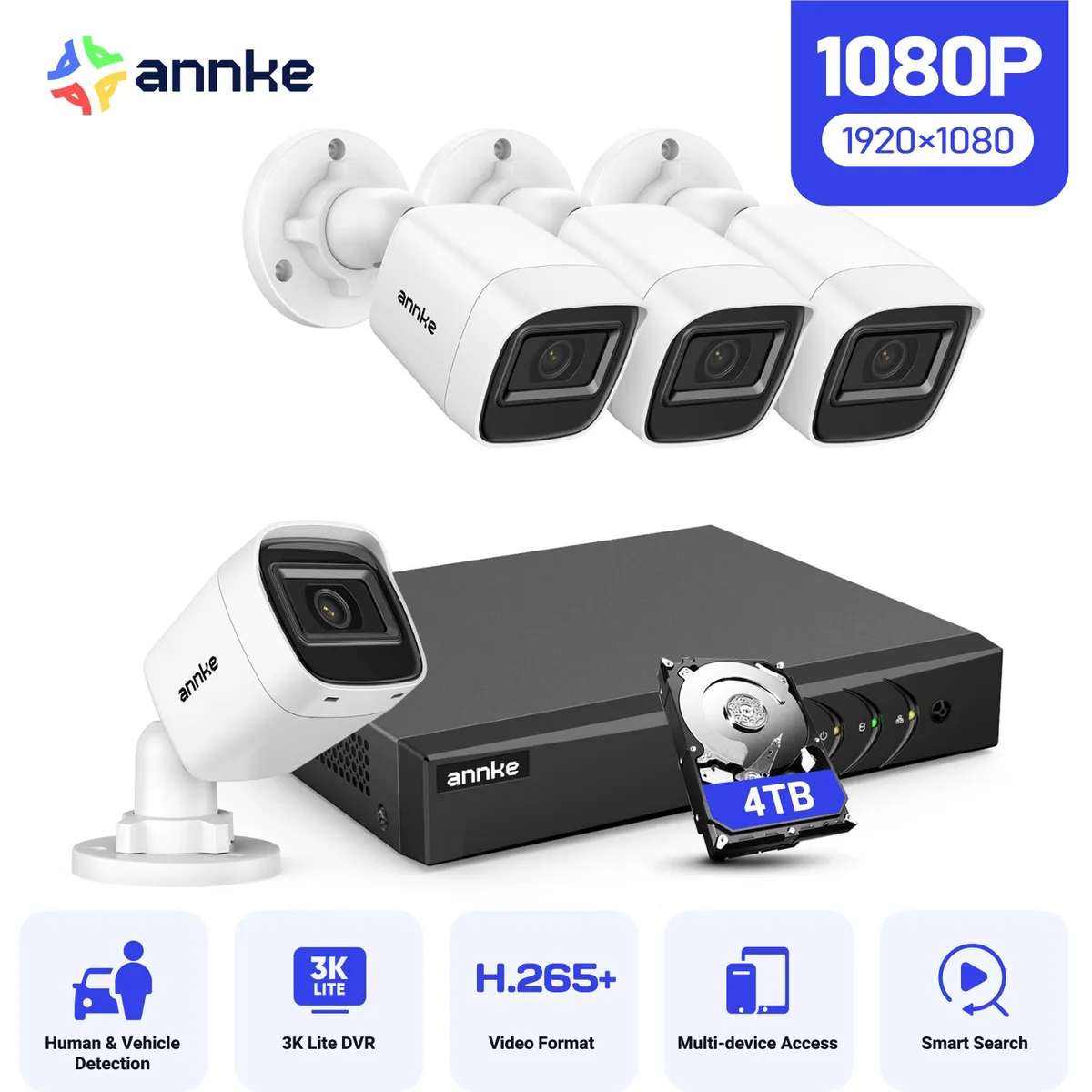 Annke Annke 2MP 8CH 3K Lite DVR 4x 1080P Wired Cameras 4TB HDD White surveillance security system — product photo