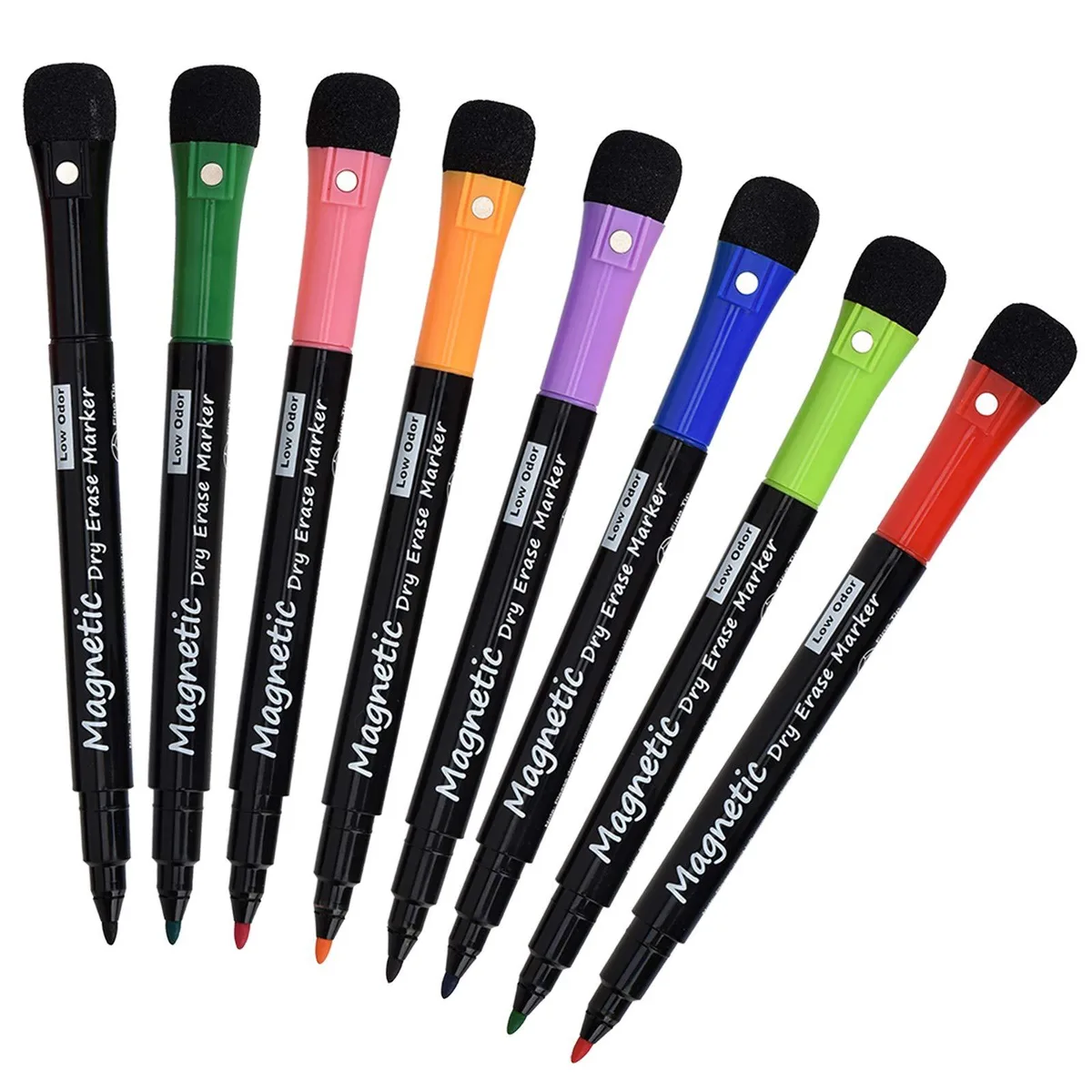 Eight coloured marker pens with magnetic caps and built-in erasers