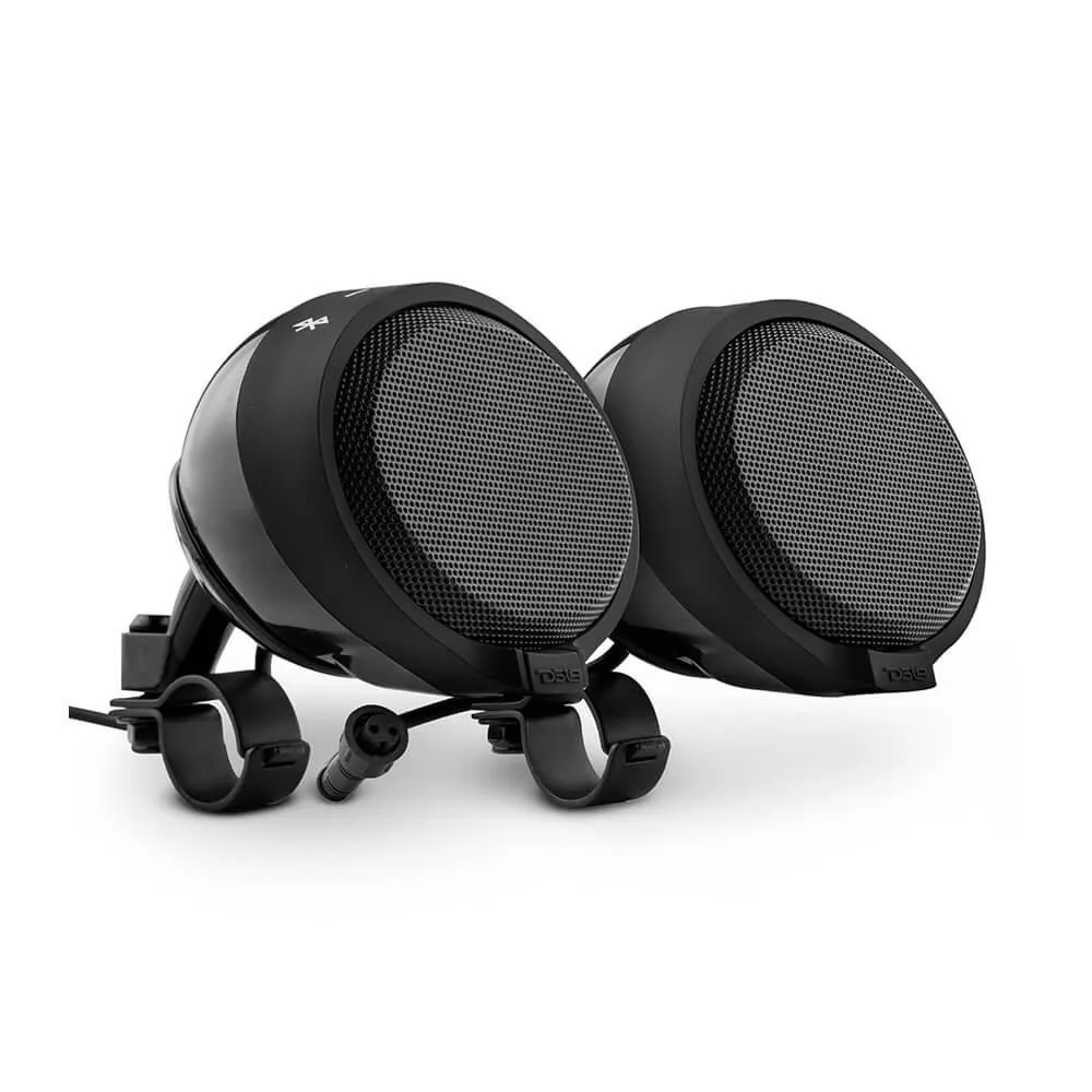 Black handlebar-mounted speaker pods with cloth-covered steel grilles and large glove-friendly buttons