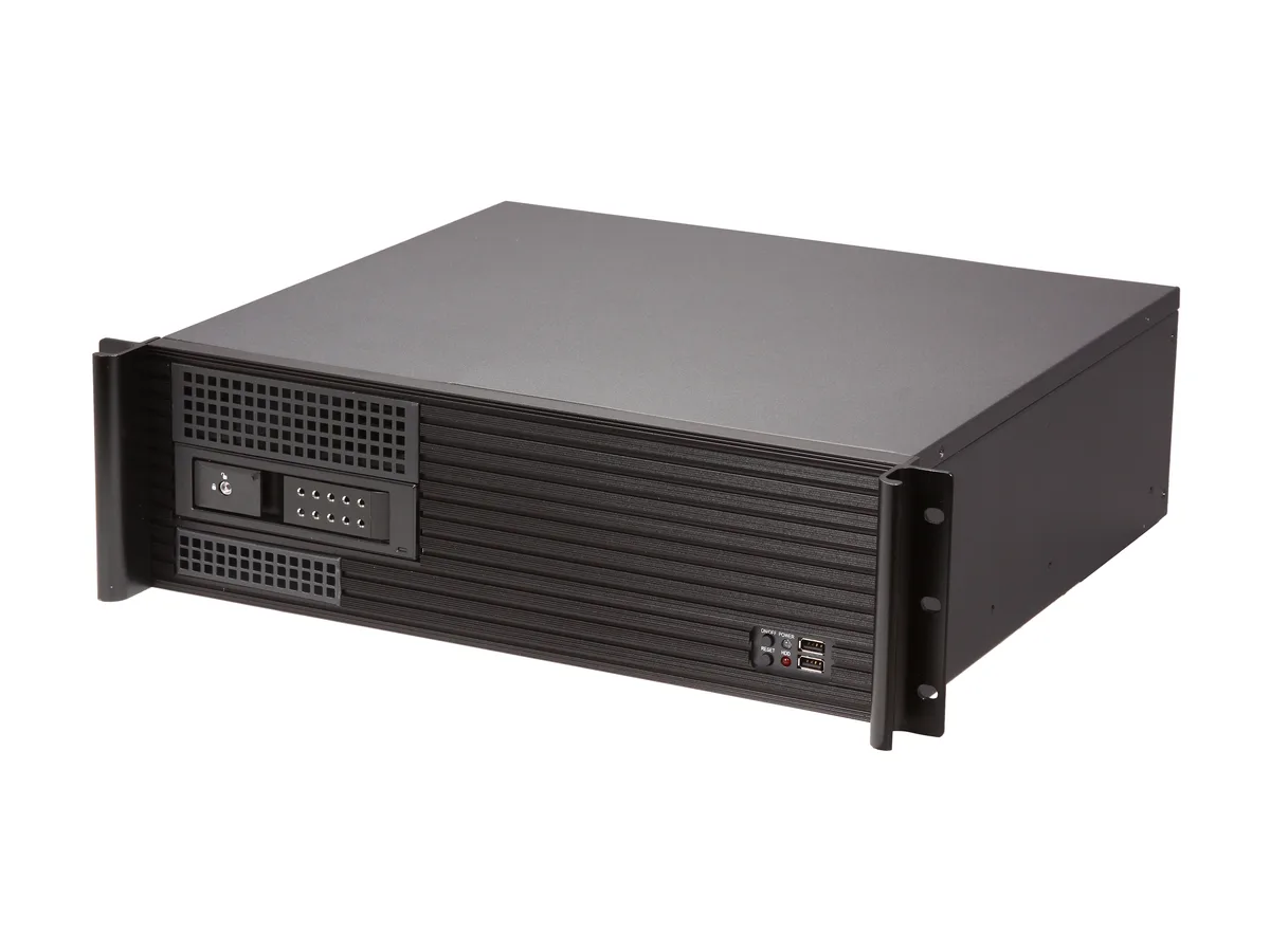 Black 3U rackmount server chassis with front drive bays and hot-swap tray