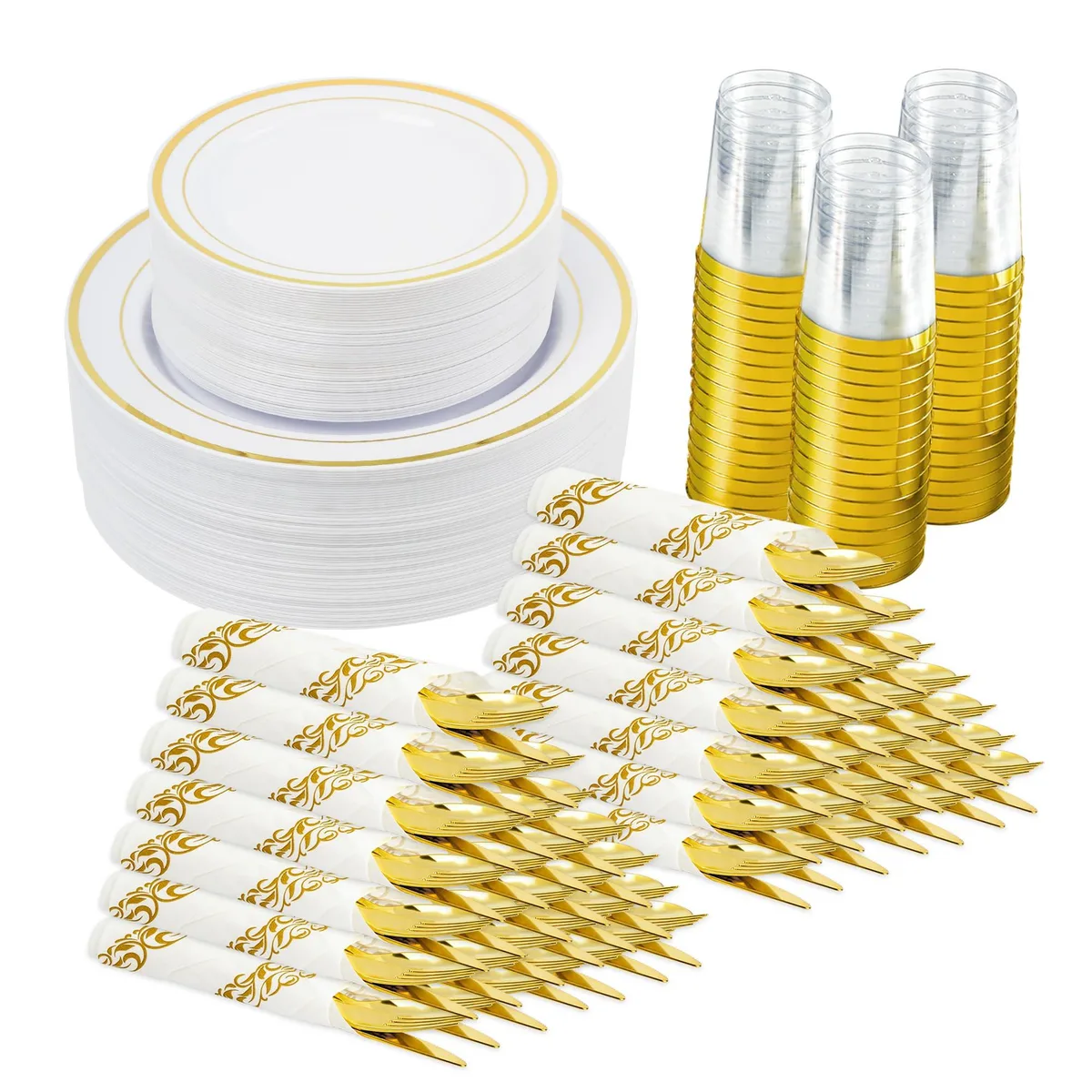 White square plates with gold rims, plastic cutlery and cups arranged in a set