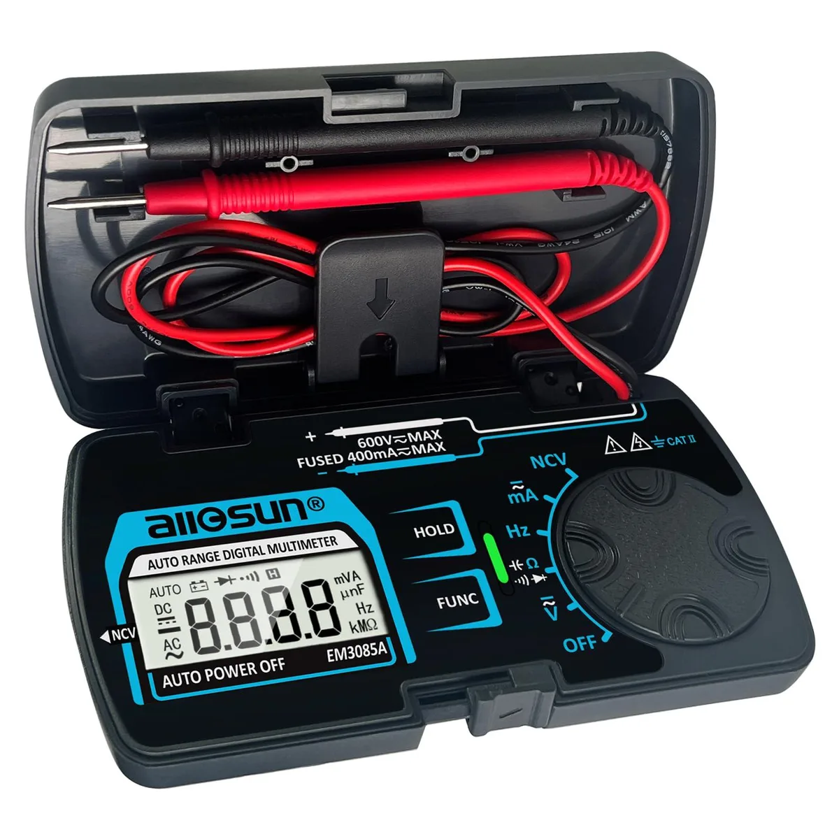 Pocket-size digital multimeter with built-in test leads, grey plastic body, LCD display showing 3¾ digits
