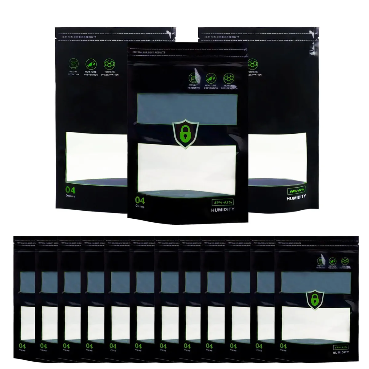 Fifteen black rectangular humidity control bags with zipper closures
