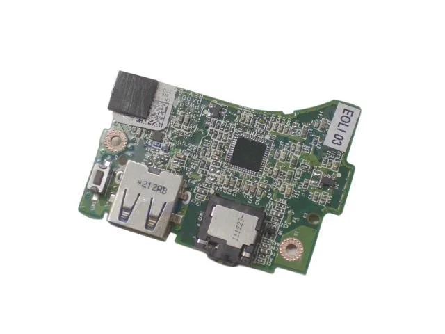 Small green circuit board with power button and ports