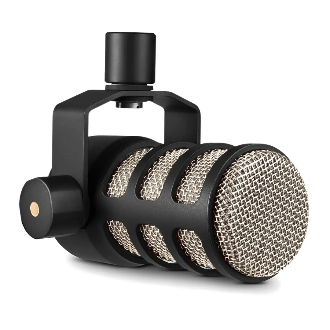 Black cylindrical broadcast microphone with integrated swing mount and pop filter