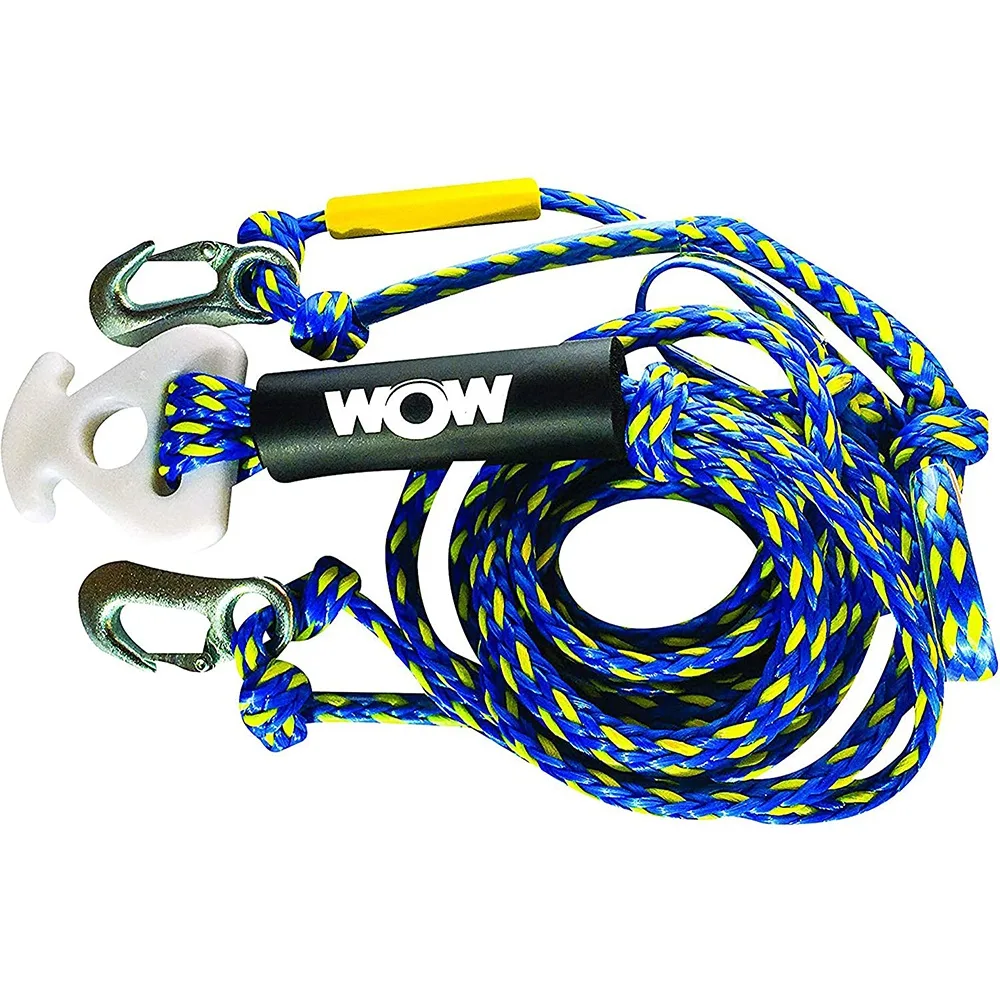 Yellow 16 ft tow harness with large metal clips and red float