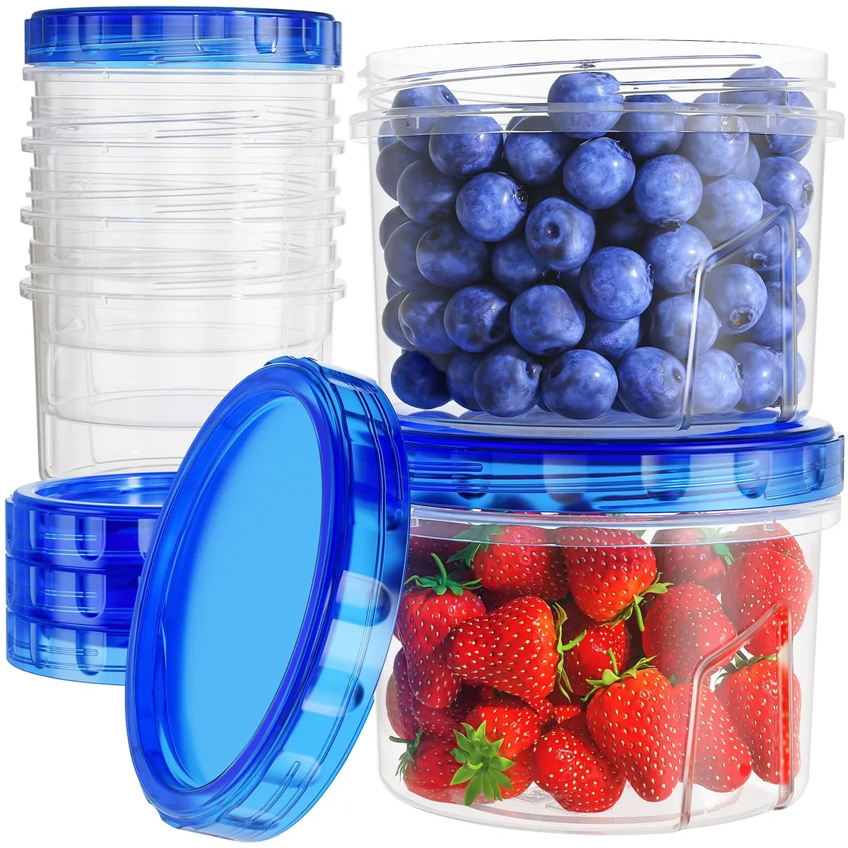 Six red 16 oz plastic containers with twist-top lids, stacked together