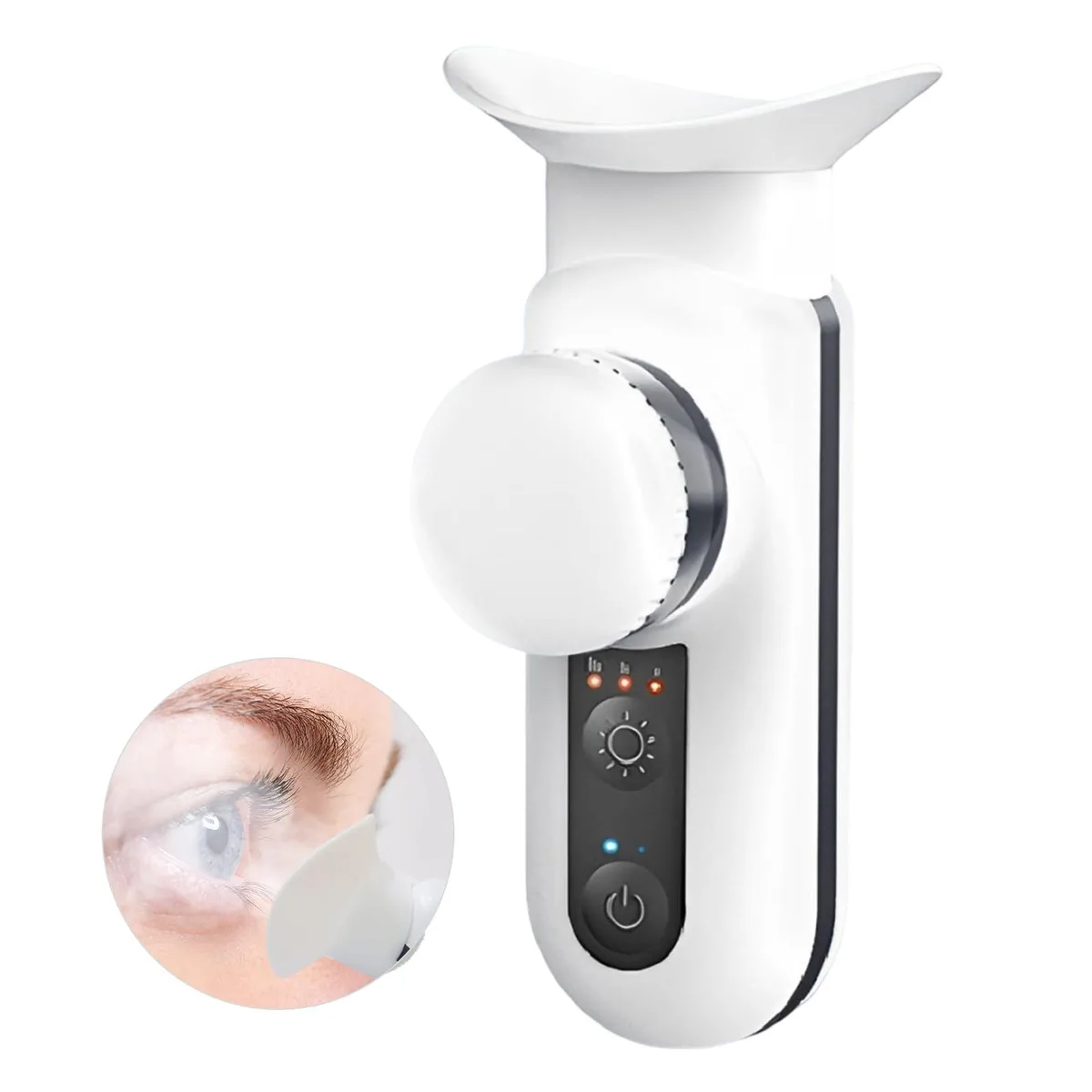 Off-white handheld eye steamer with contoured eye cup and water tank