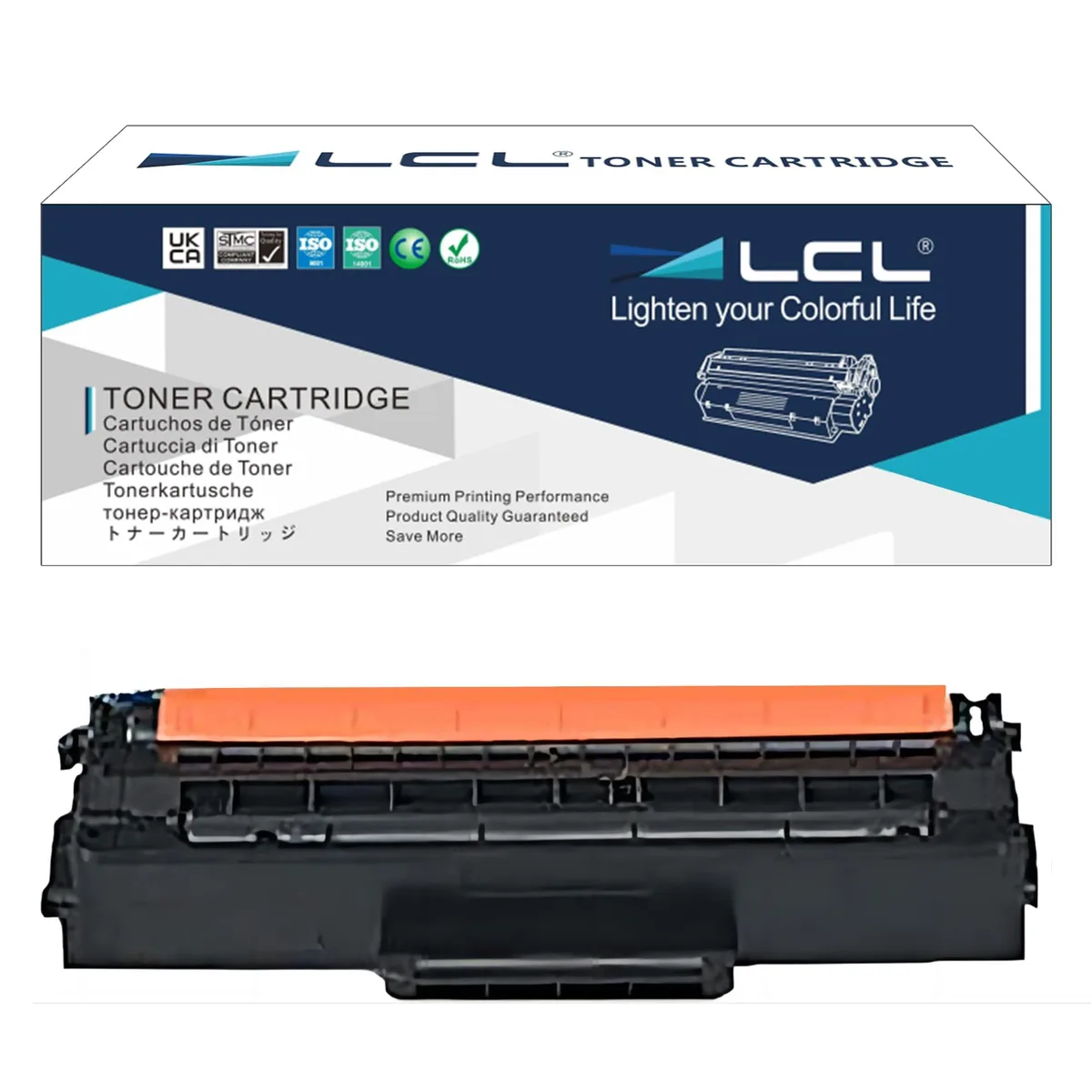 Rectangular black toner cartridge with green chip and pull-tab