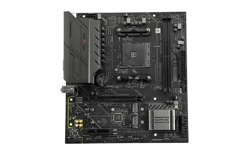Green rectangular micro-ATX board with silver heatsinks and black PCIe slots