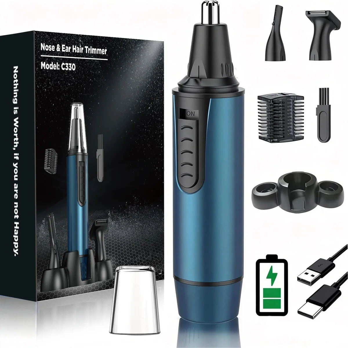 Black cordless grooming trimmer with multiple detachable heads