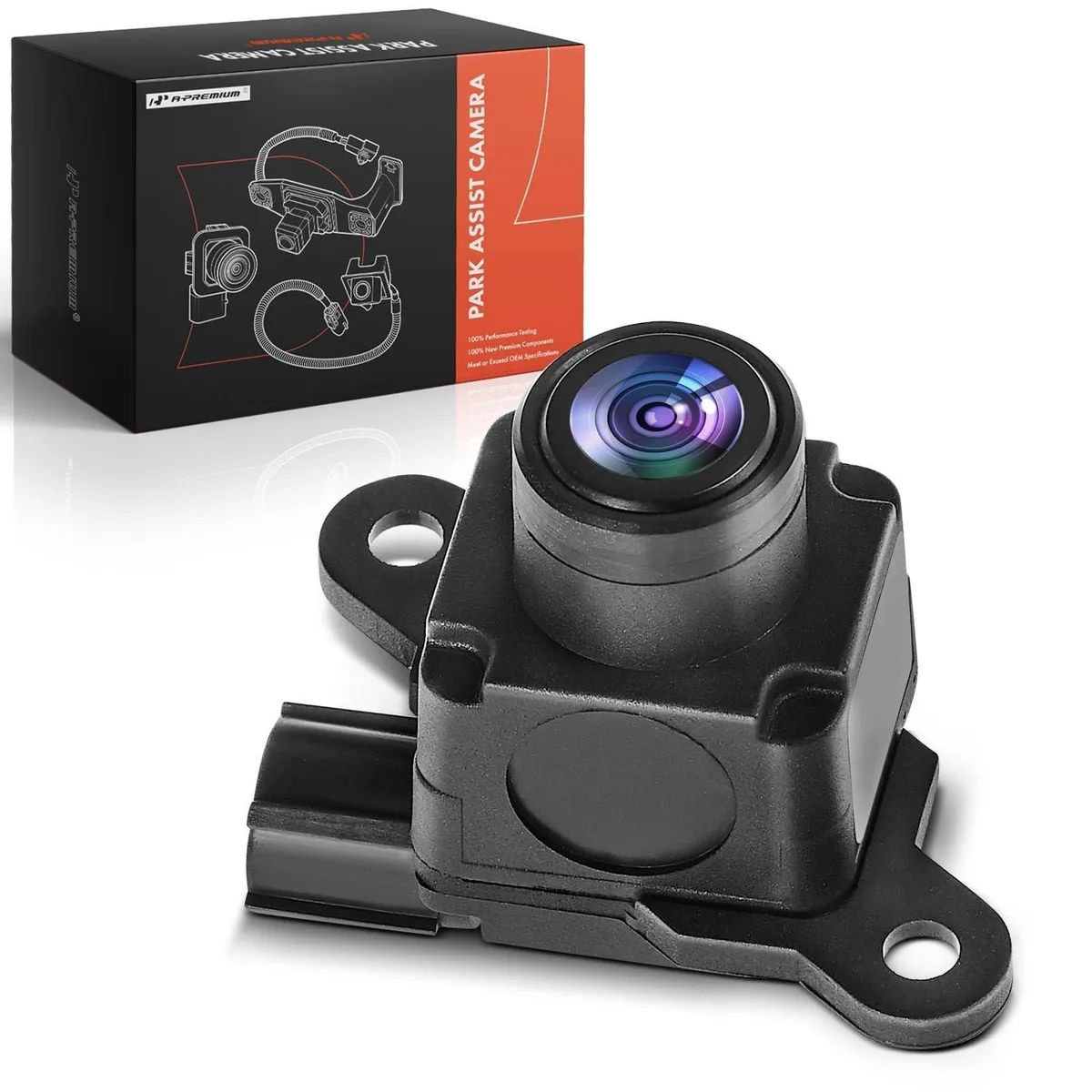 Small black plastic backup camera with angled lens housing