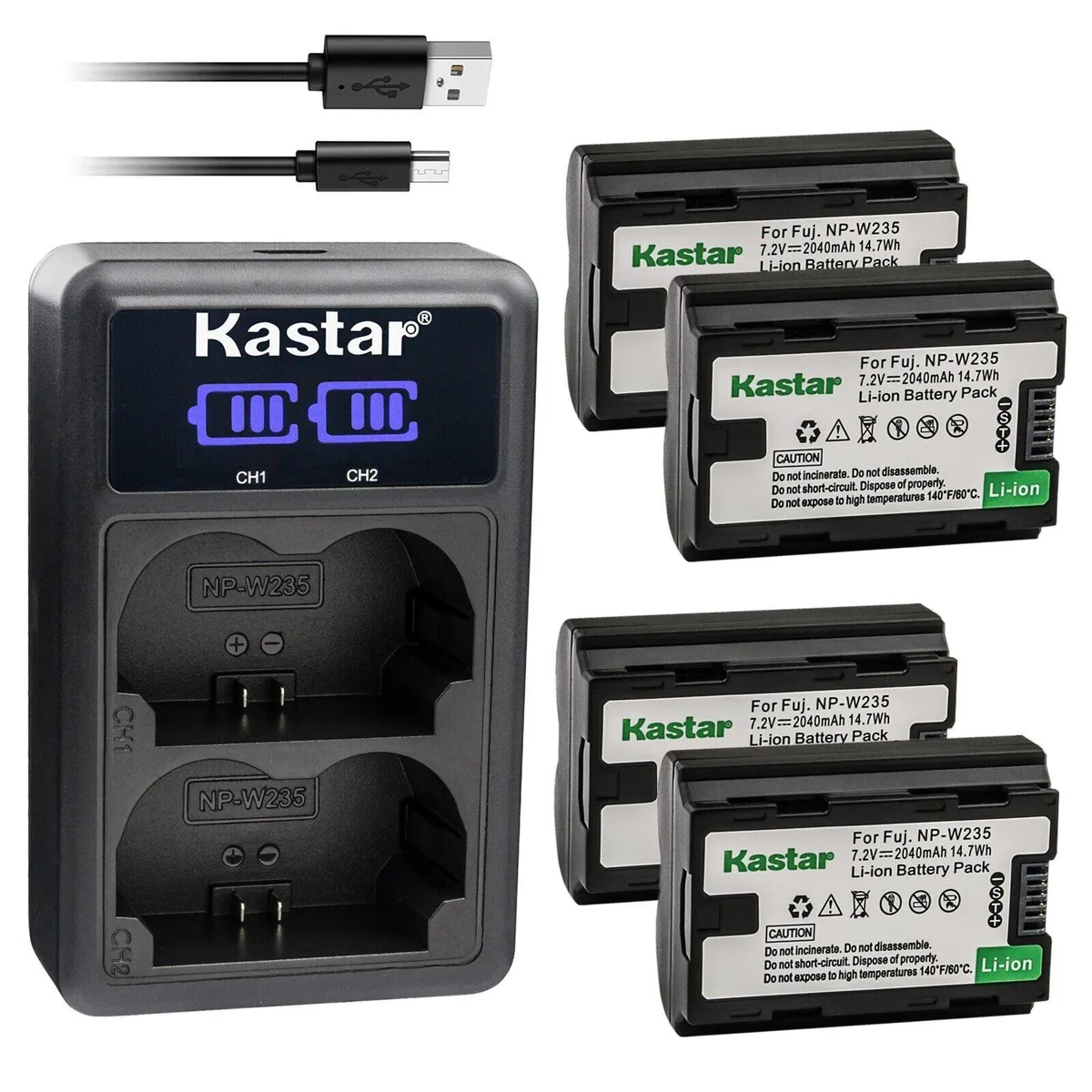 Kastar Kastar NP-W235 4-pack batteries + LED2 USB charger — product photo