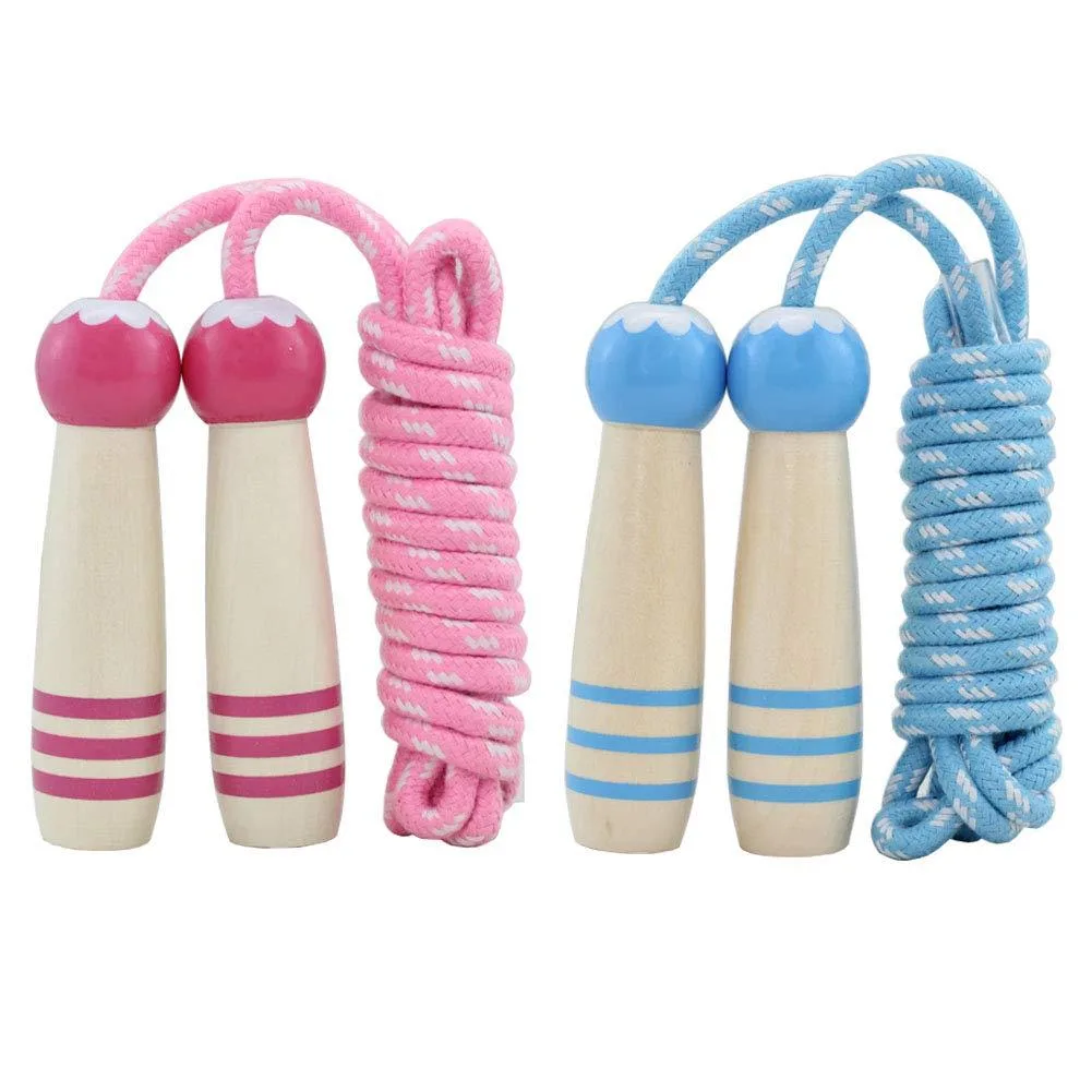  Jump Rope Kids 7ft Adjustable Cotton Skipping Rope Wooden Handle Pink Blue — product photo