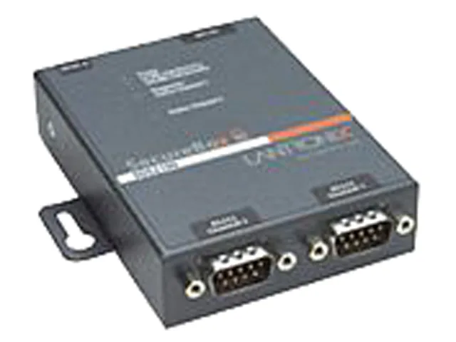 Black desktop device server with two DB-9 serial ports and one RJ-45 Ethernet port