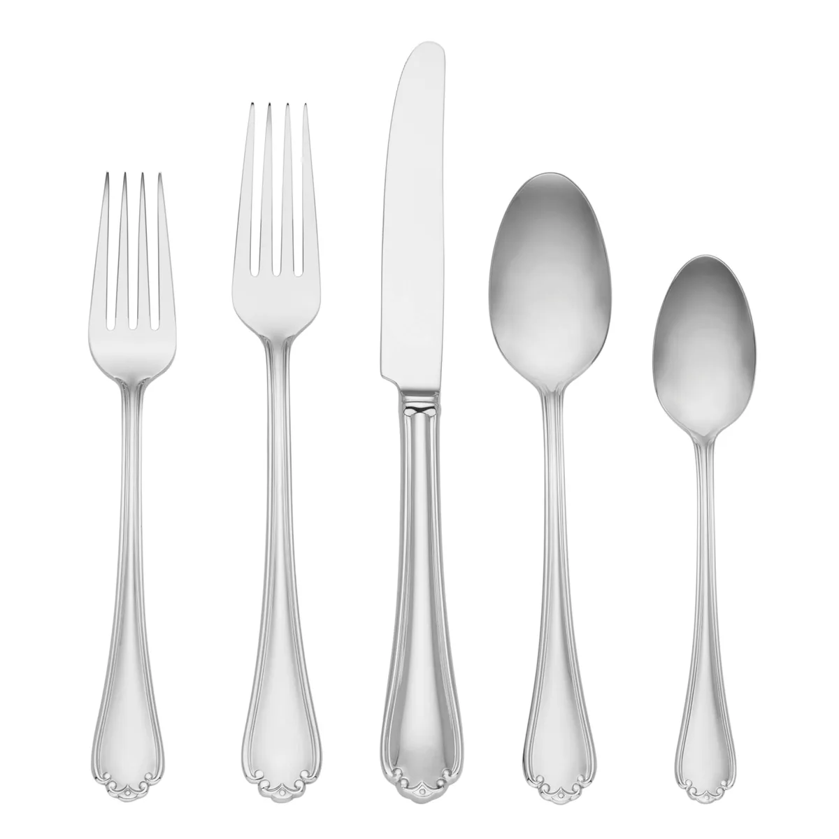 Polished stainless steel flatware set with floral handles in a silver box