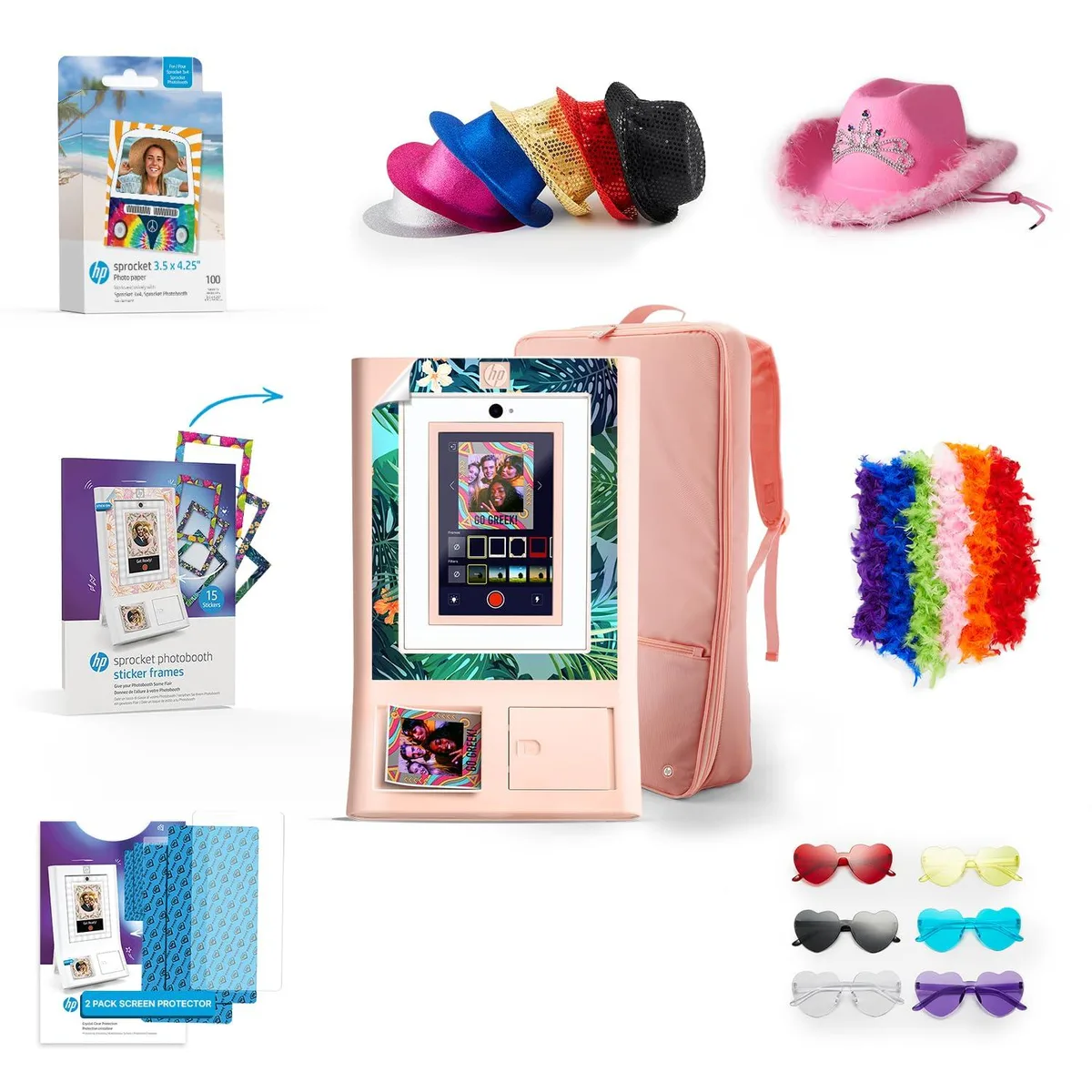 HP HP Sprocket Photo Booth Machine Pink Bundle 100 Paper 15 Frames Case Hat Boas Glasses Fedoras Protector — product photo