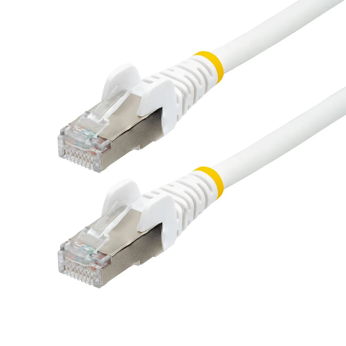 White 6-inch Cat6a Ethernet patch cable with RJ-45 connectors