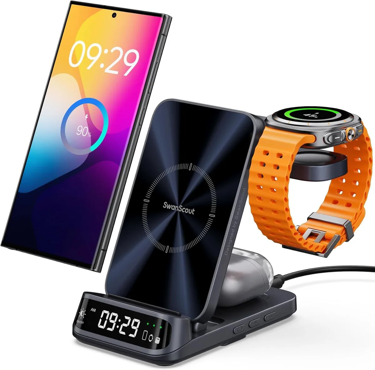 Foldable three-in-one wireless charger with curved LED clock display, metallic finish