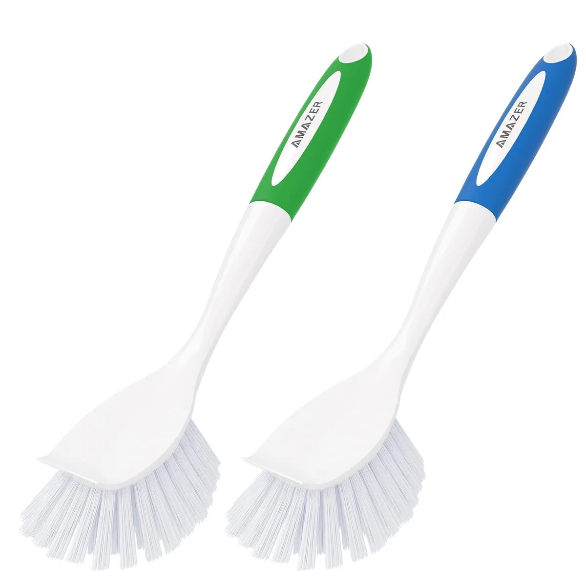 Two blue and green dish brushes with stiff bristles, scraper edges and loop handles