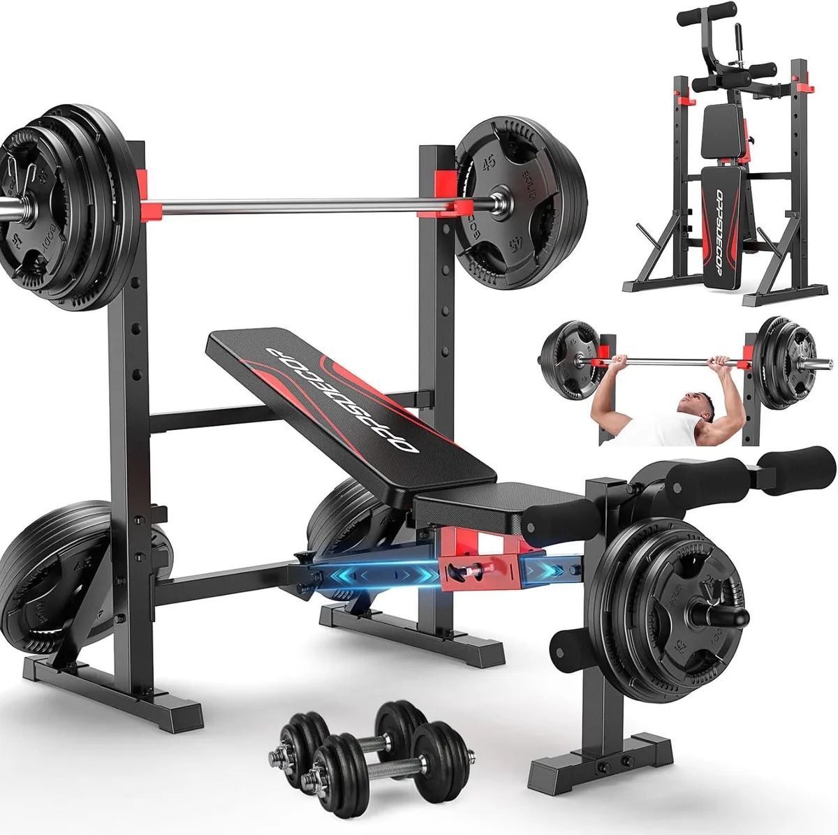 Foldable steel weight bench with squat rack and leg attachment, black frame and padded seat