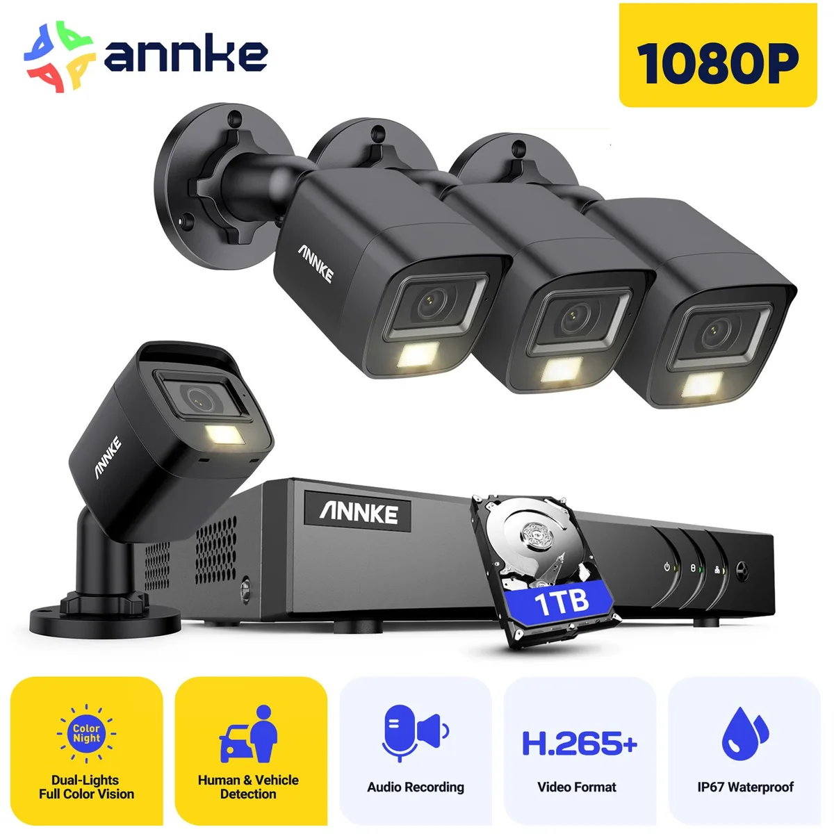 Annke Annke 8CH 5MP Lite H.265+ DVR with 4 x 1080P cameras, 1TB HDD, Black — product photo