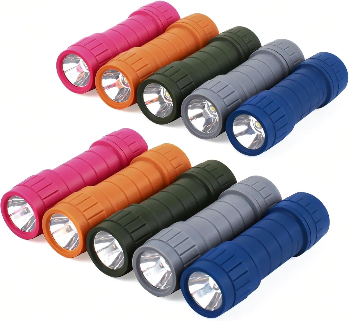 Ten mini flashlights in black ABS with rubber grips and lanyards, plus thirty AAA batteries
