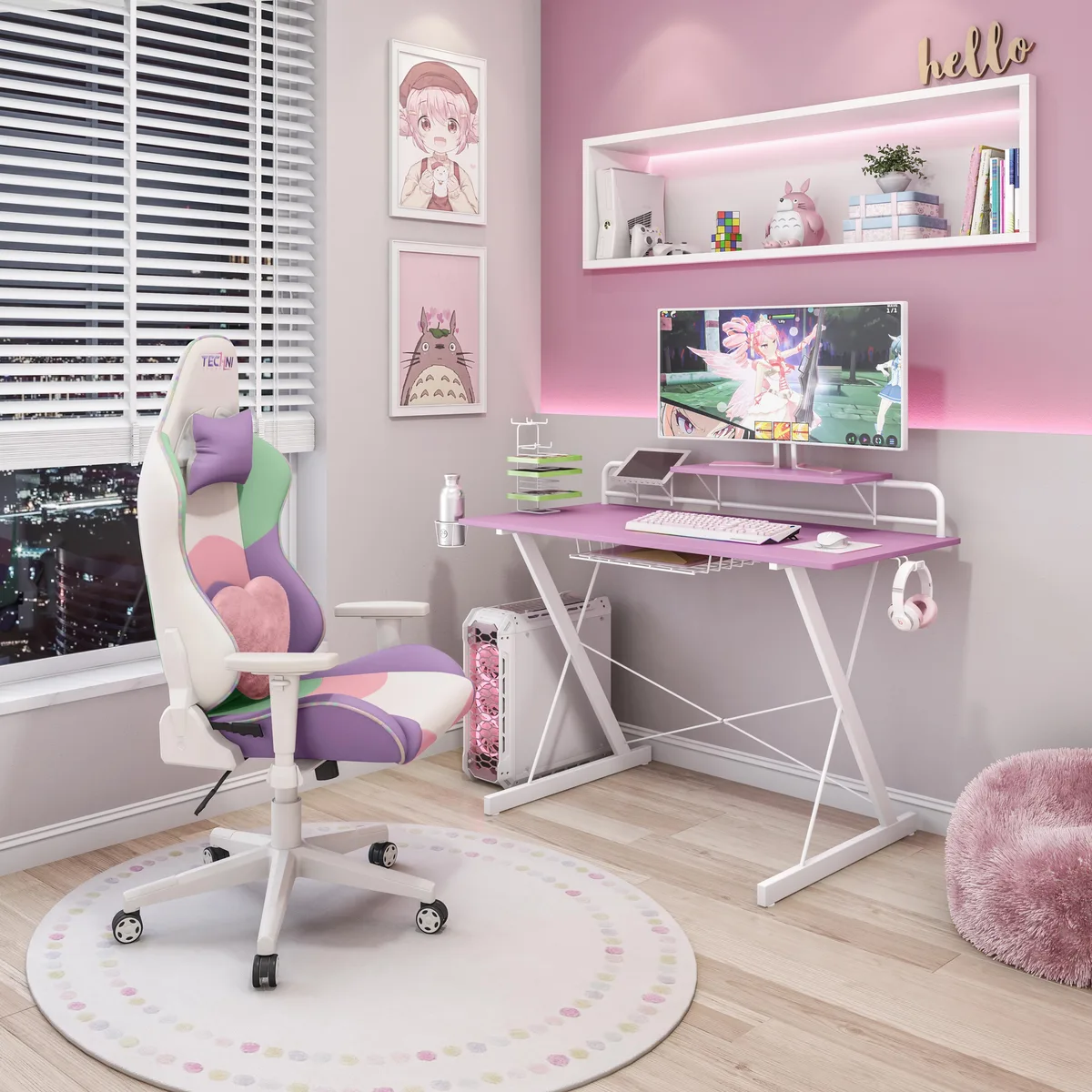 Techni Sport Techni Sport TS-200 Carbon Gaming Desk with Shelving, Pink — product photo