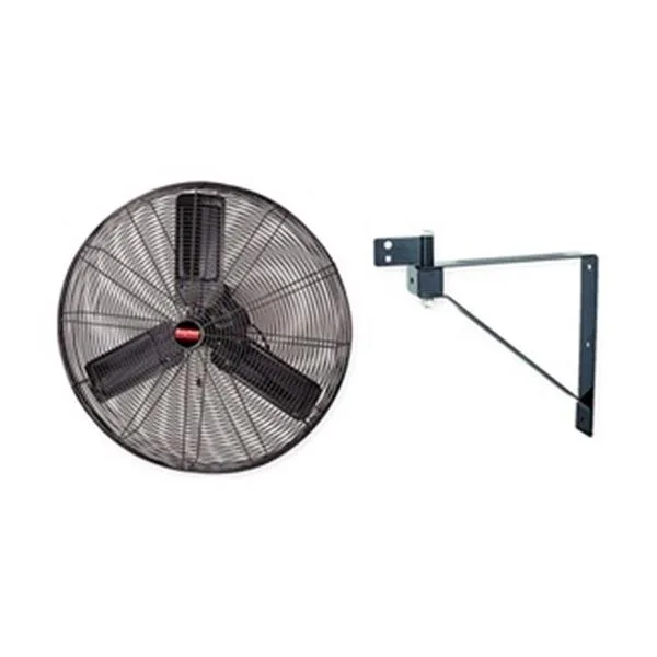 White industrial ceiling fan with three large blades mounted on a metal frame