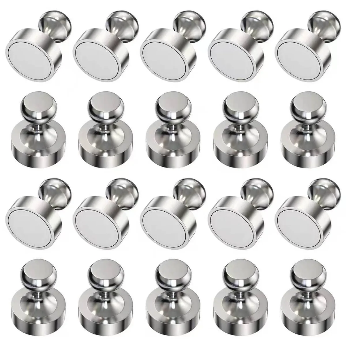 Twenty small silver push-pin magnets in a storage box