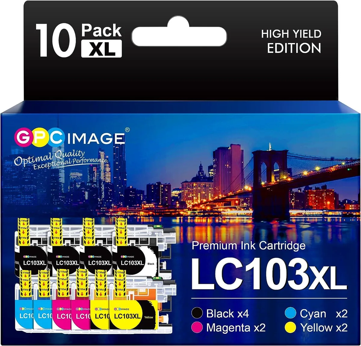 Box of ten rectangular ink cartridges in black cyan magenta yellow