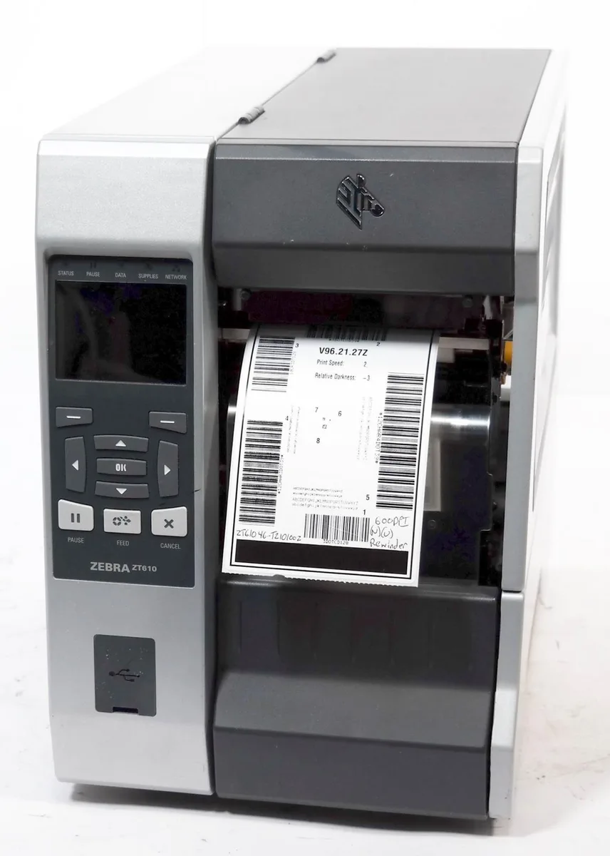 Grey industrial barcode printer ZT610 with built-in rewinder unit