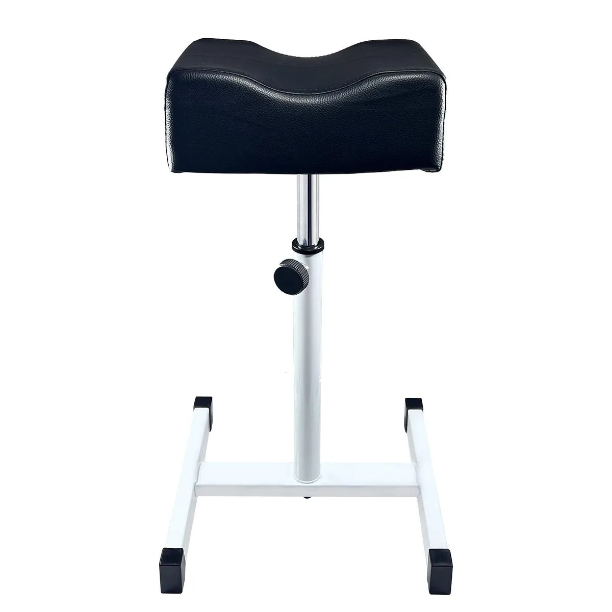 Black adjustable foot rest with faux leather cushion and iron frame, height 48-70 cm
