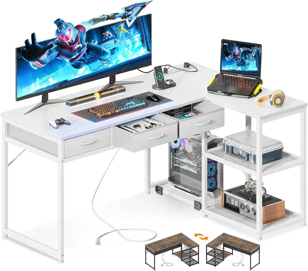 BFKK BFKK 53" L-Shaped Desk with Drawers, USB Ports, White — product photo