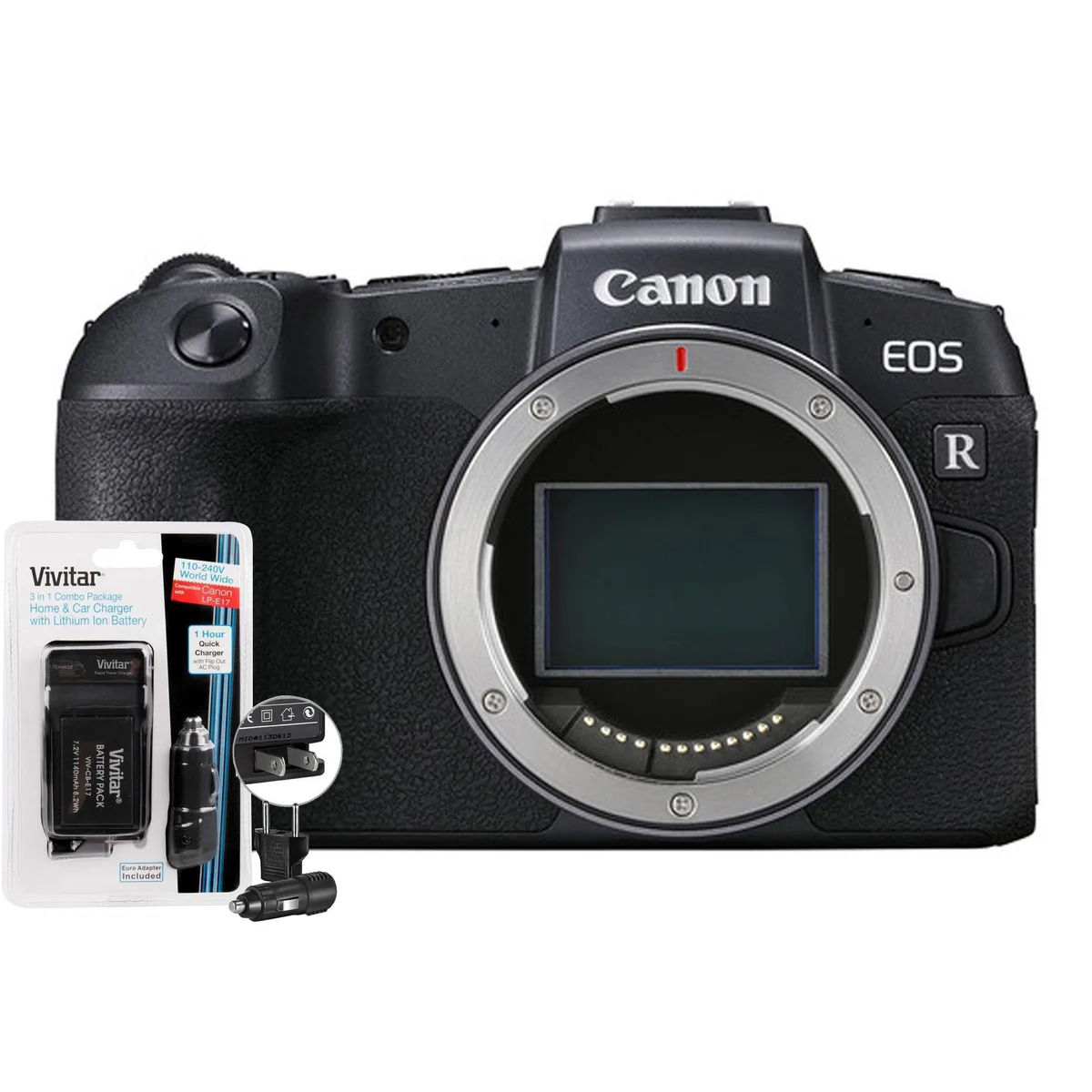 Canon Canon EOS RP compact mirrorless camera body black with replacement battery and charger — product photo