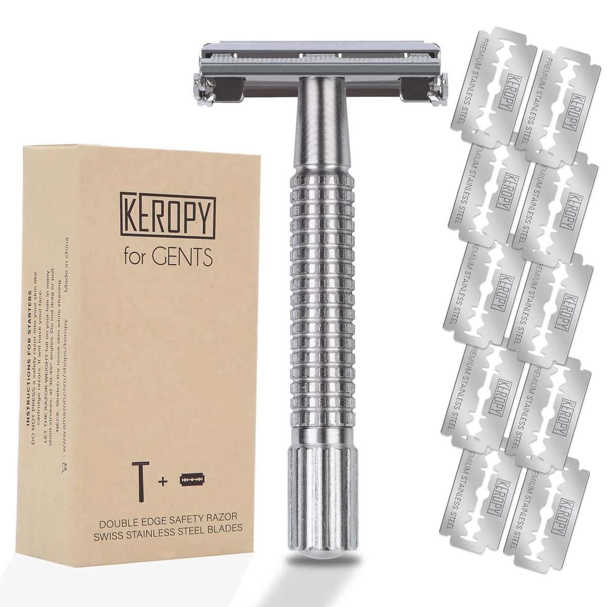 Keropy double-edge safety razor in smoke silver finish with 10 blades