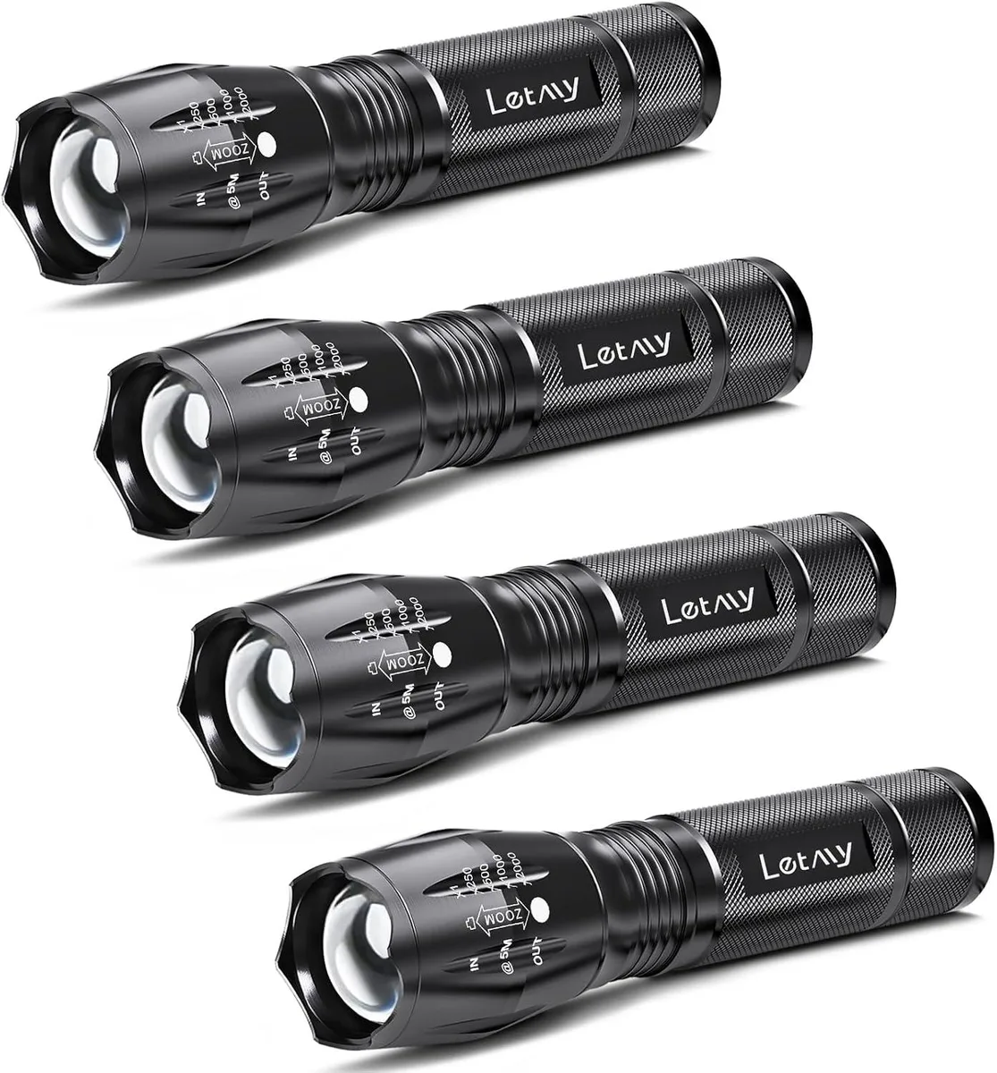 Four silver aluminium tactical flashlights with textured grip and wrist straps, zoomable heads, five mode switches, waterproof rated