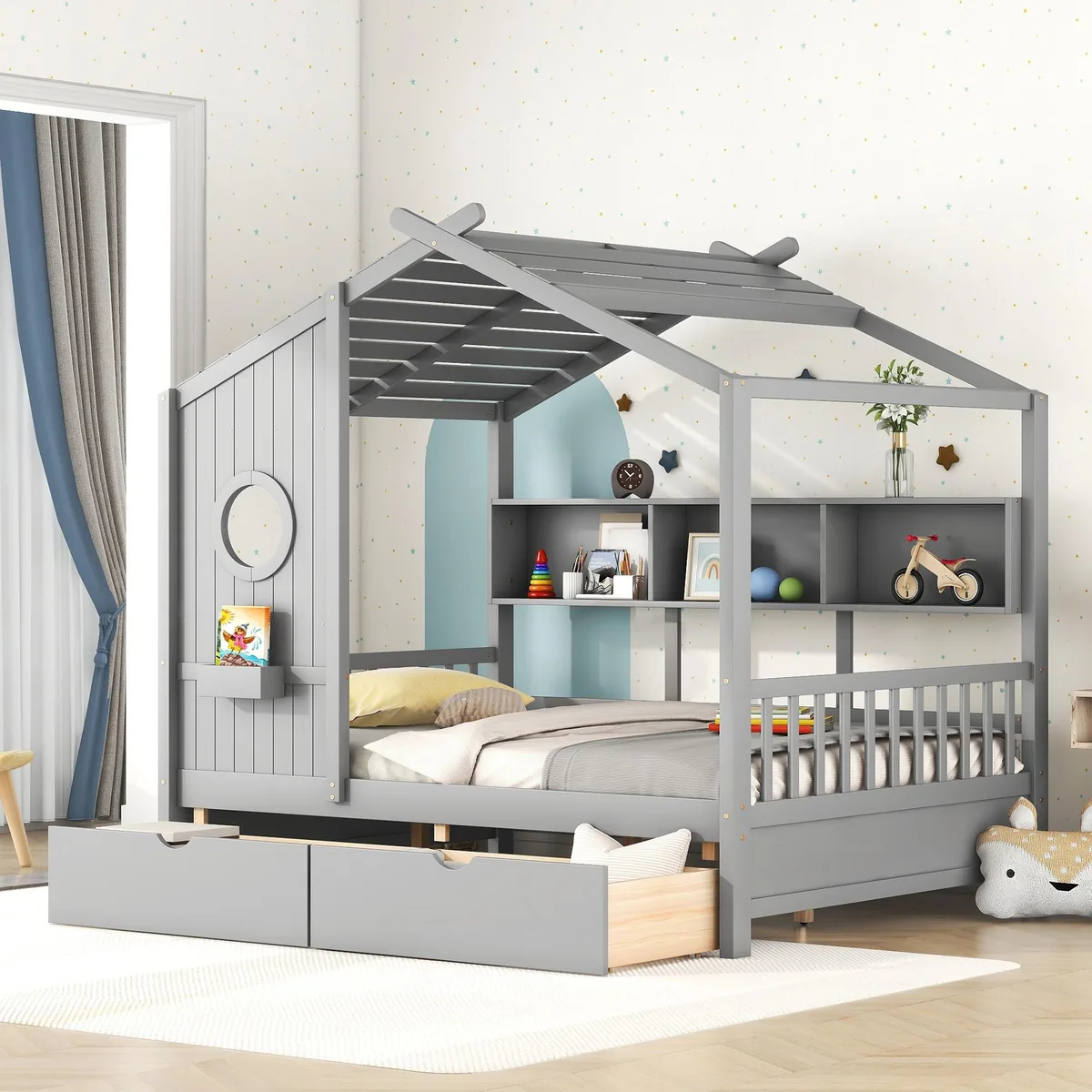 Gray wooden house bed with roof frame two drawers and back shelf