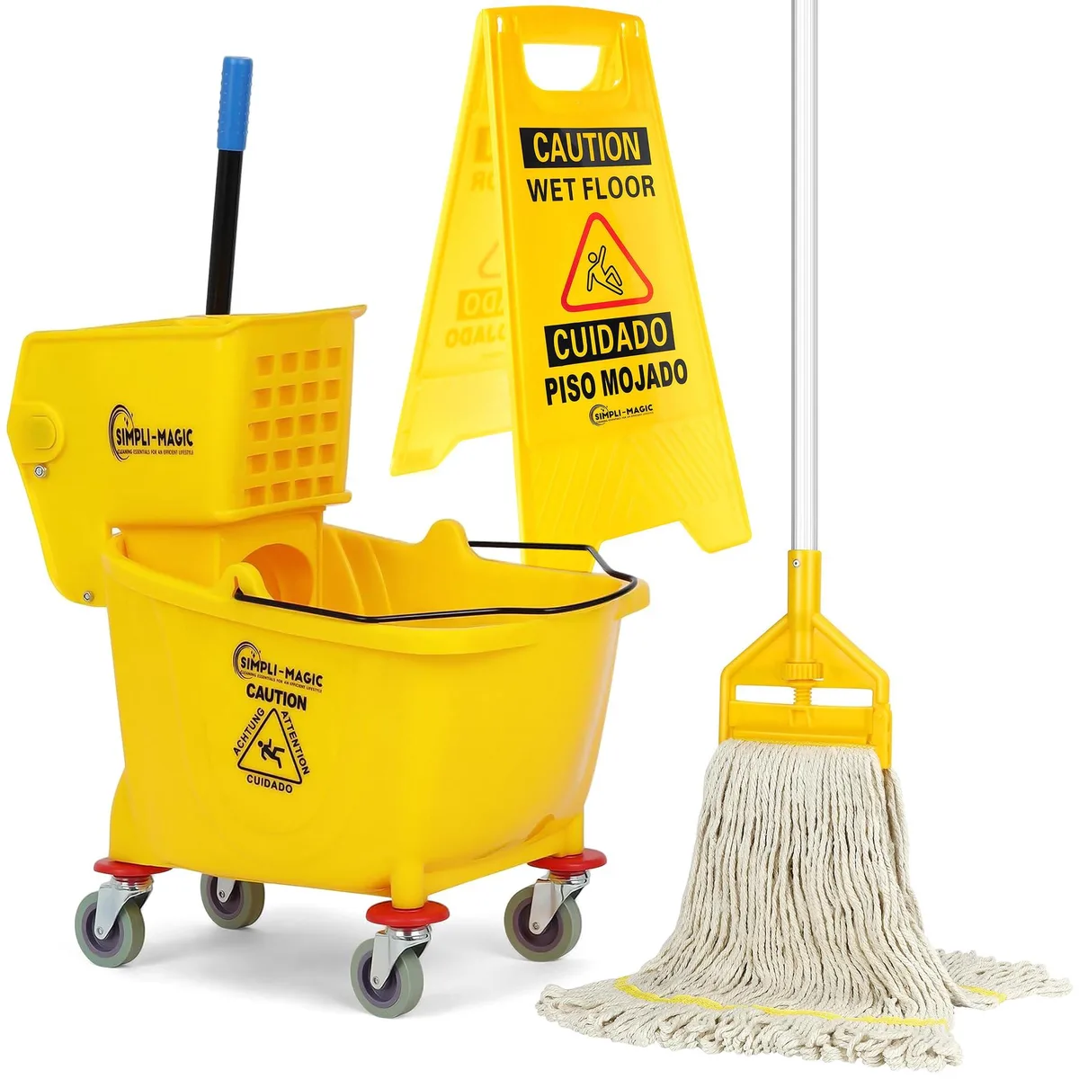 Yellow 35-quart mop bucket on four casters with side-press wringer, wet-floor sign and mop head