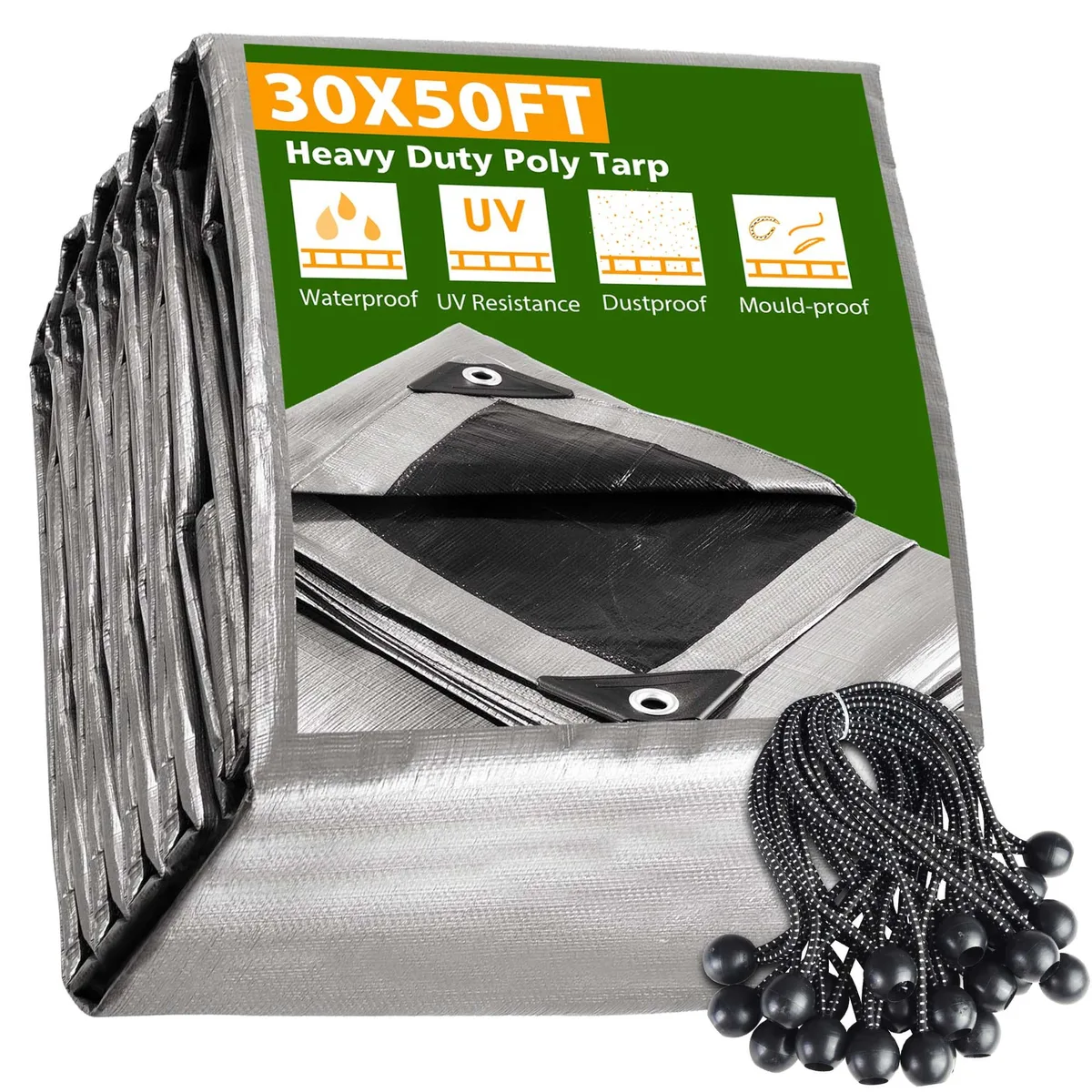 Yescom USA, Inc. Yescom USA, Inc. 07PTRSET001-3050BBC 30x50ft 10mil tarp with 25 ball bungees — product photo