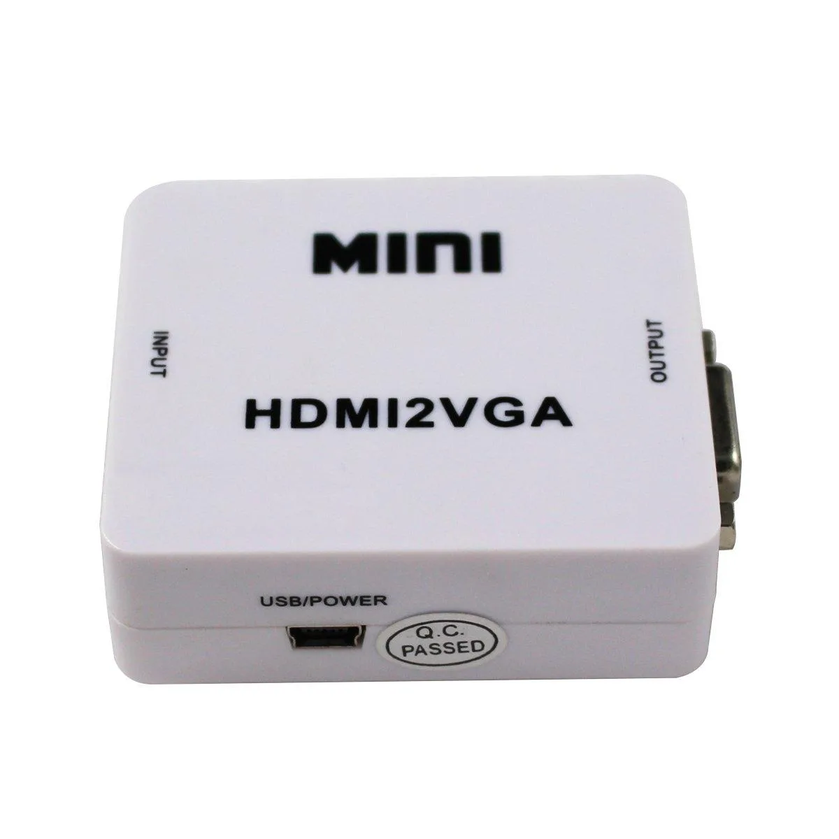 Compact black HDMI-to-VGA adapter with 3.5 mm audio jack and USB power cable
