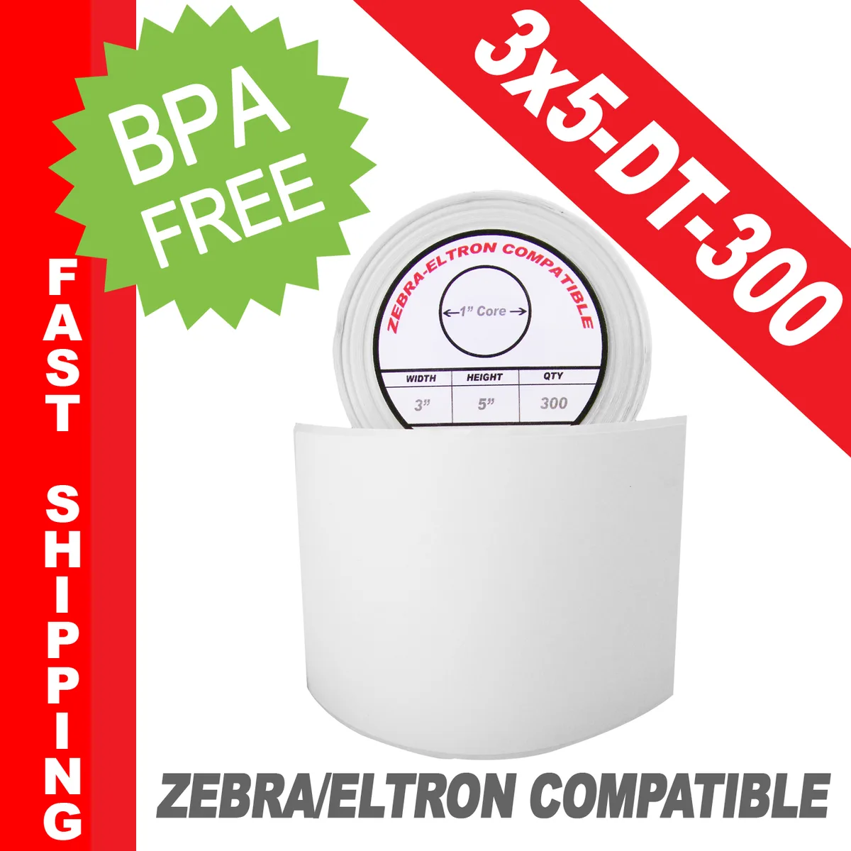 White direct thermal label roll, 300 labels, 3.5 inch outer diameter